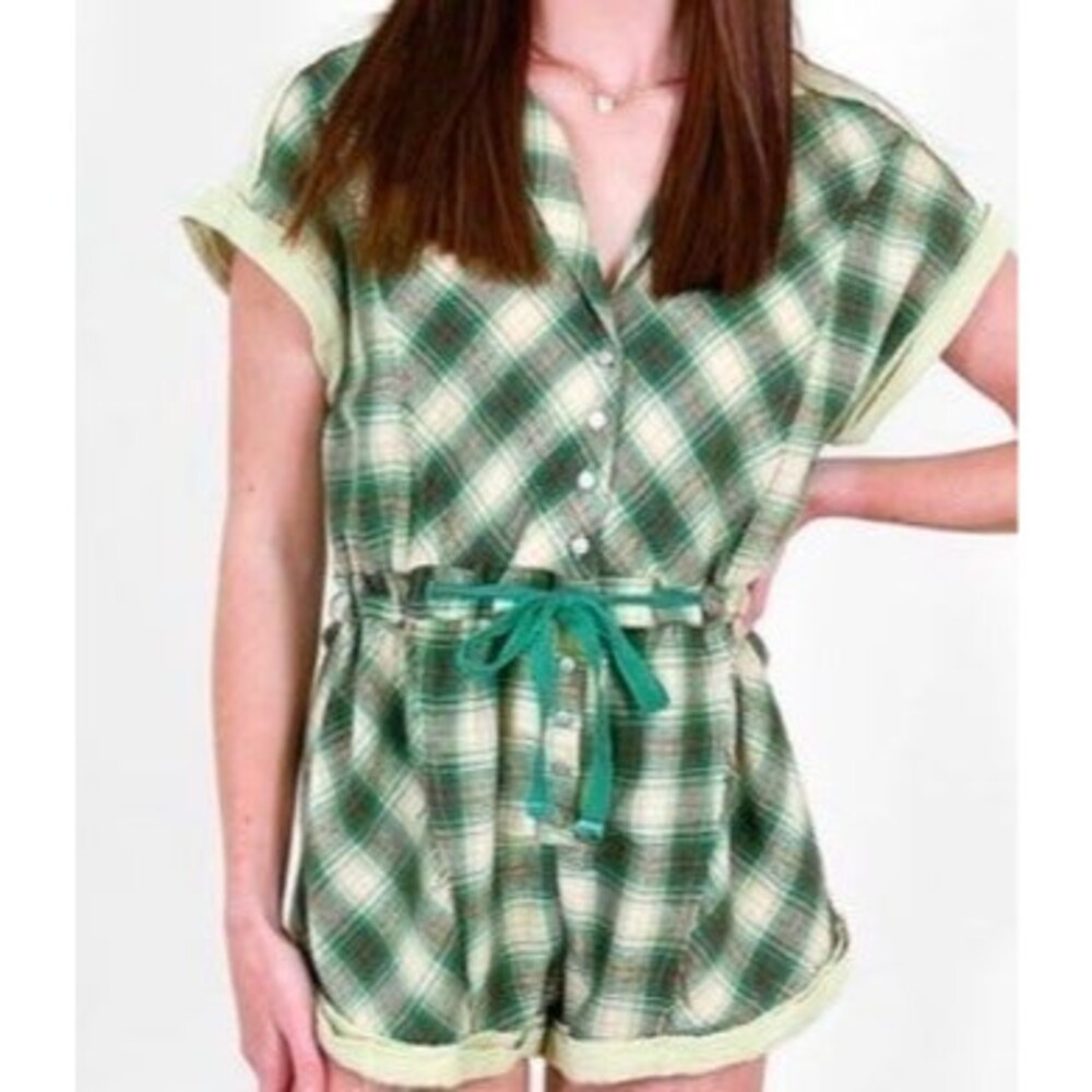 POL romper pol shorts green plaid short sleeve top gauze flannel womens small